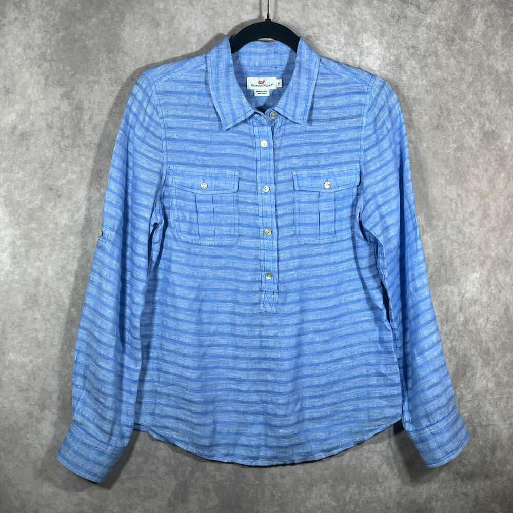 Vineyard Vines Shirt Womens 4 Purple Striped Linen Beach Preppy Vacation Yacht